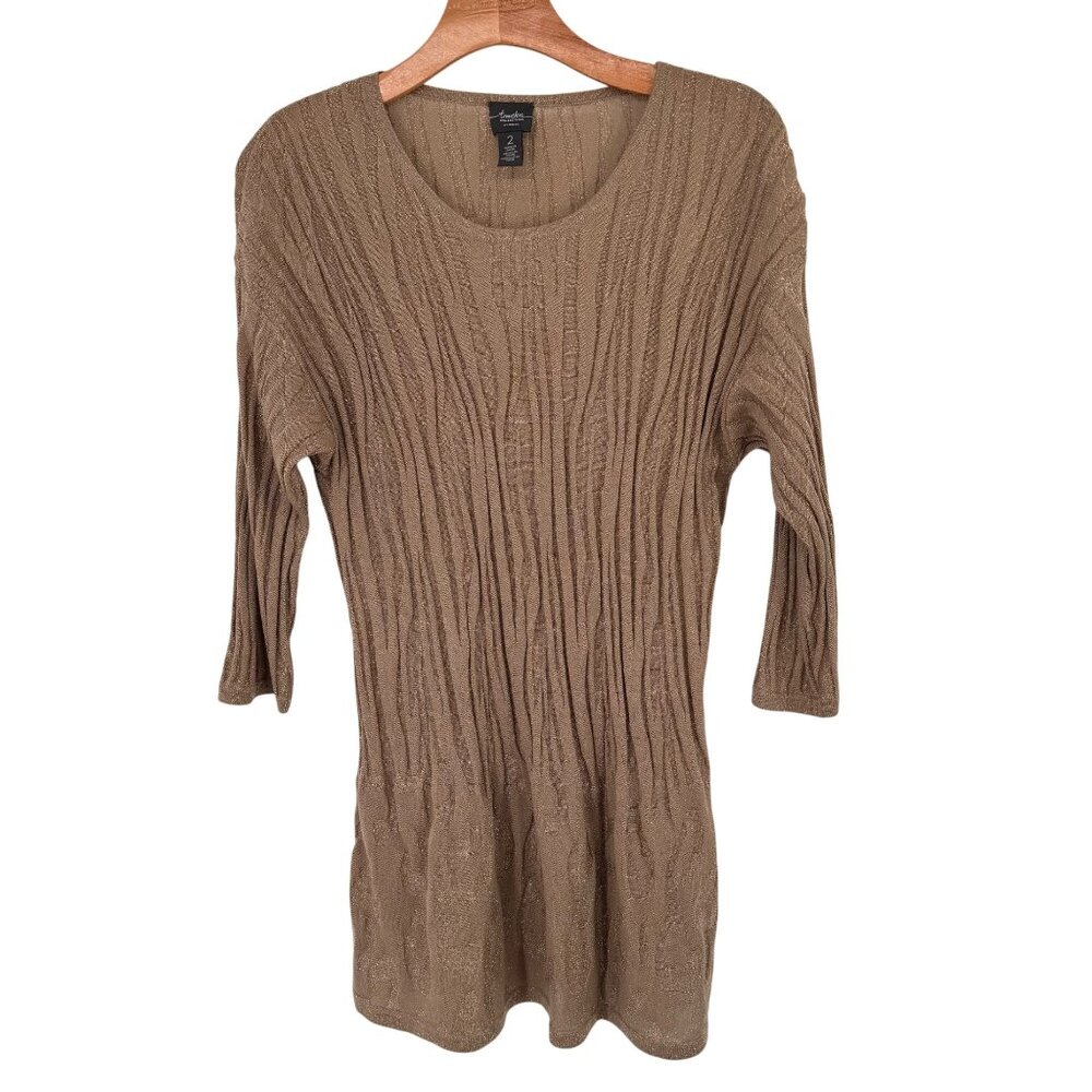 Chicos 2 Travelers Collection Metallic gold textured Knit Sweater Size Large